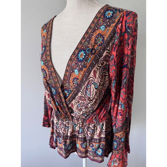 Free People Risalie Smocked‎ Top Size Medium Flutter Sleeve Peasant Boho - Picture 2 of 7